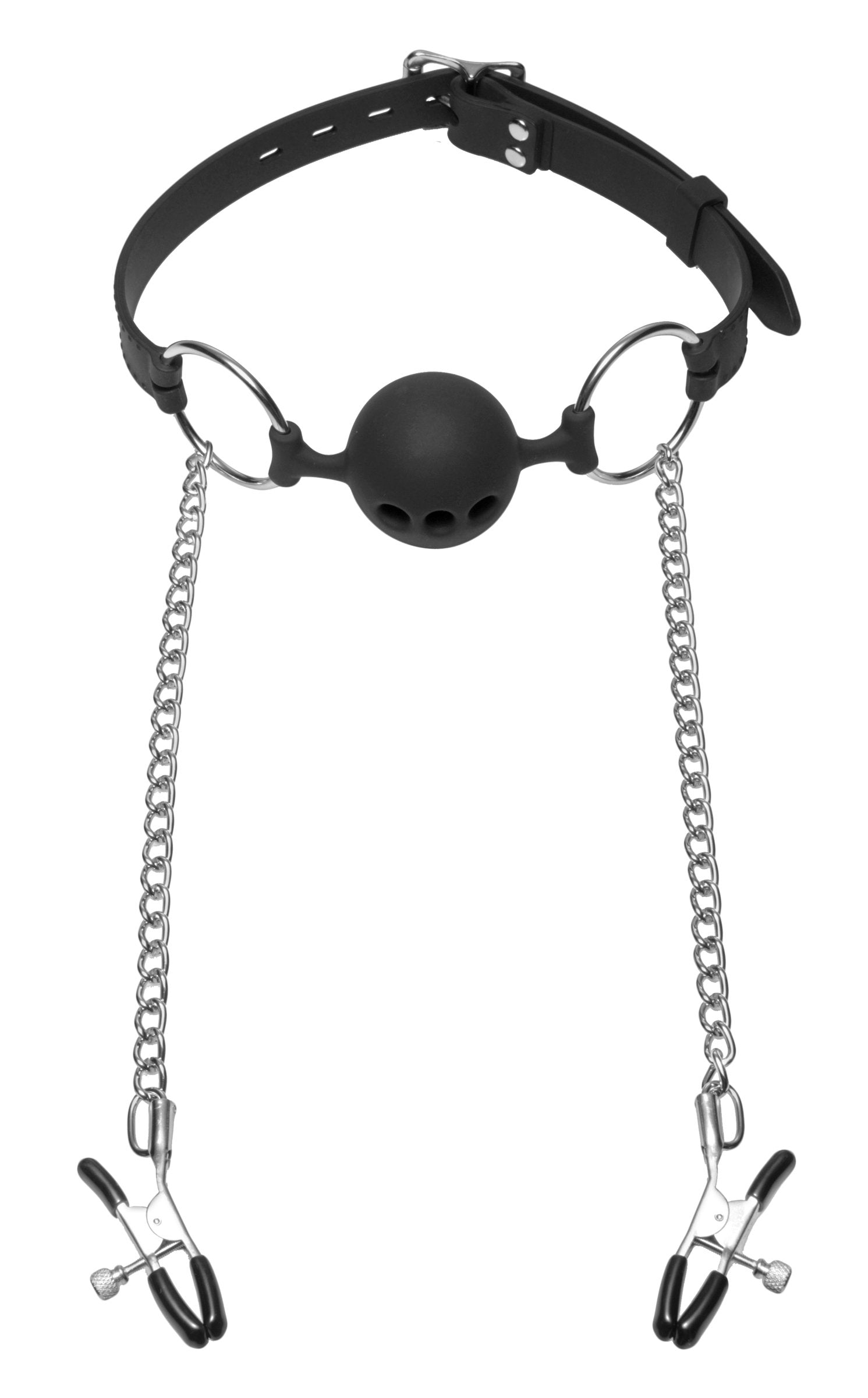 XR Brands Hinder Breathable Silicone Ball Gag With Nipple Clamps Secondary image