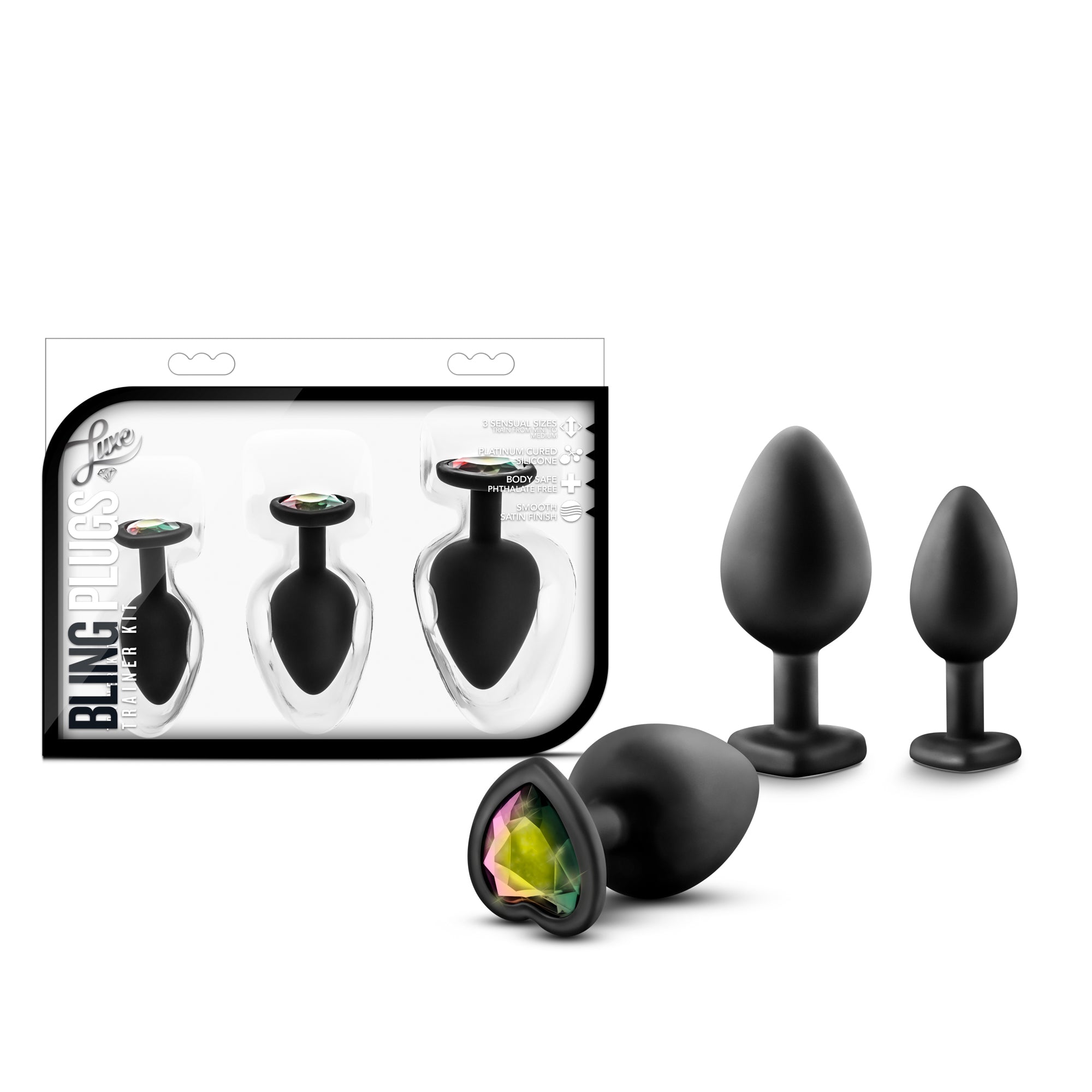 California Exotics Luxe Bling Anal Plugs Training Kit Black With Rainbow Gems