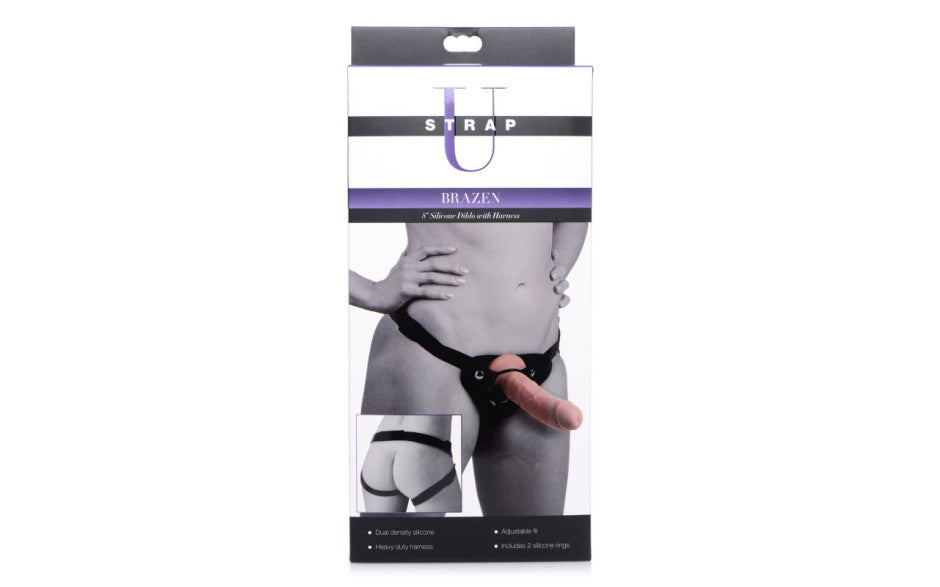 XR Brands Strap U Brazen Silicone Dildo With Harness 8 Inch Flesh Secondary image