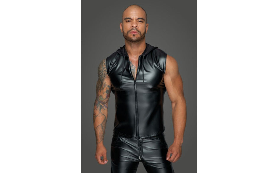 Noir Handmade Powerwetlook Sleeveless Hooded Mens Shirt with 2 Way Zipper Secondary image
