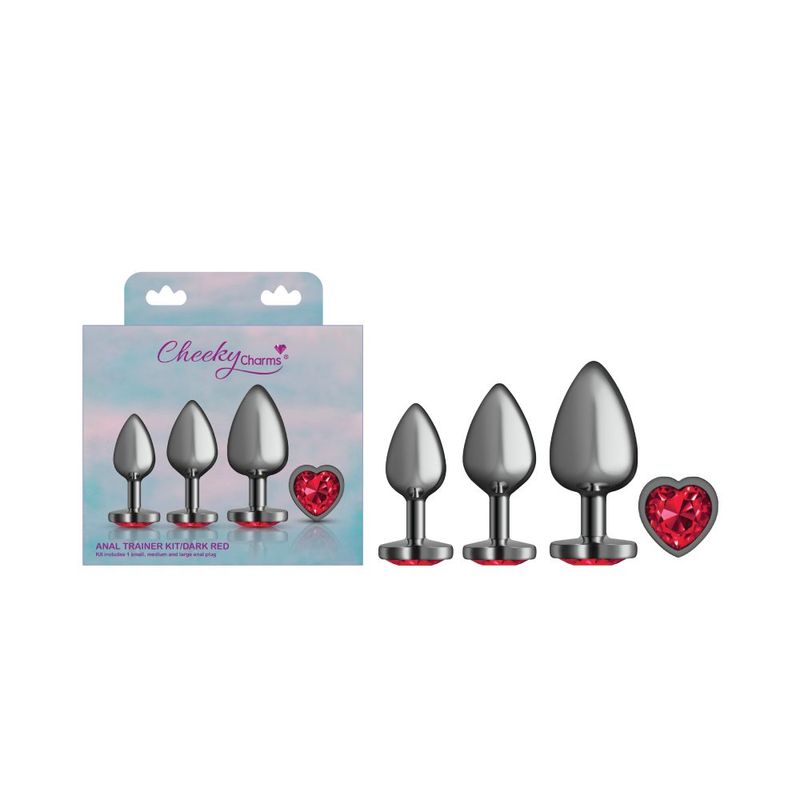 Cheeky Charms Round Metal Butt Plug Gunmetal 3 Piece Kit With Dark Red Heart Jewel Secondary image