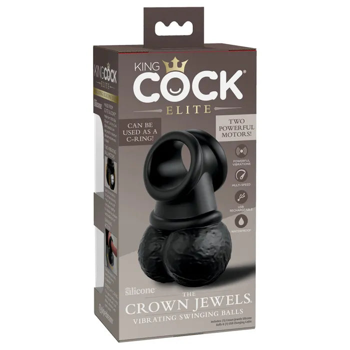 Pipedream King Cock Elite The Crown Jewels Vibrating Silicone Balls USB Rechargeable Vibrating Cock Ring Black Pipedream