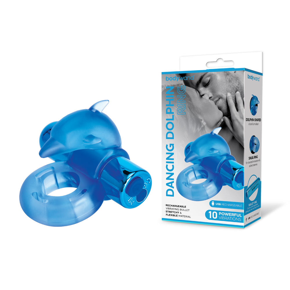 Bodywand Rechargeable Dancing Dolphin USB Rechargeable Vibrating Cock Ring Blue Bodywand