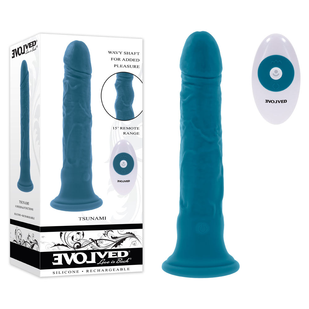 Evolved TSUNAMI USB Rechargeable Vibrating Dong With Remote Control 18.4cm Blue Evolved Main image