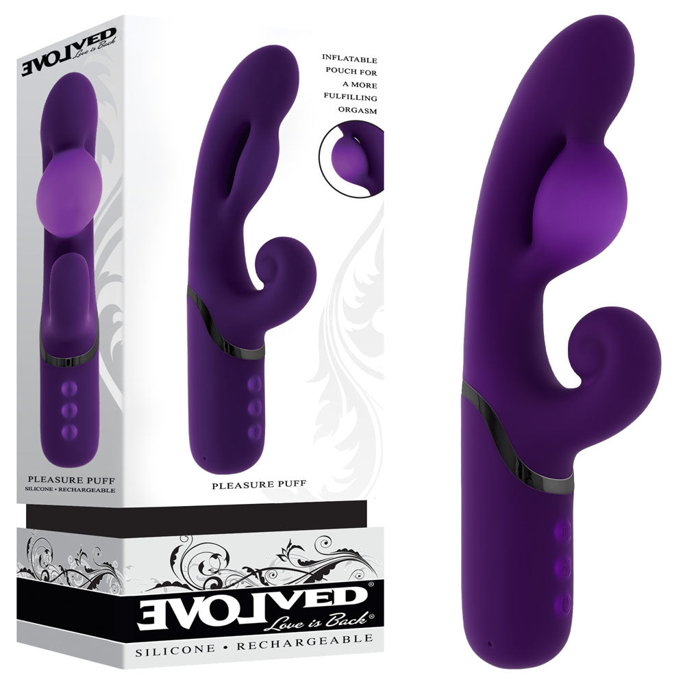 Evolved PLEASURE PUFF USB Rechargeable Inflatable Rabbit Vibrator 24.1cm Purple Evolved