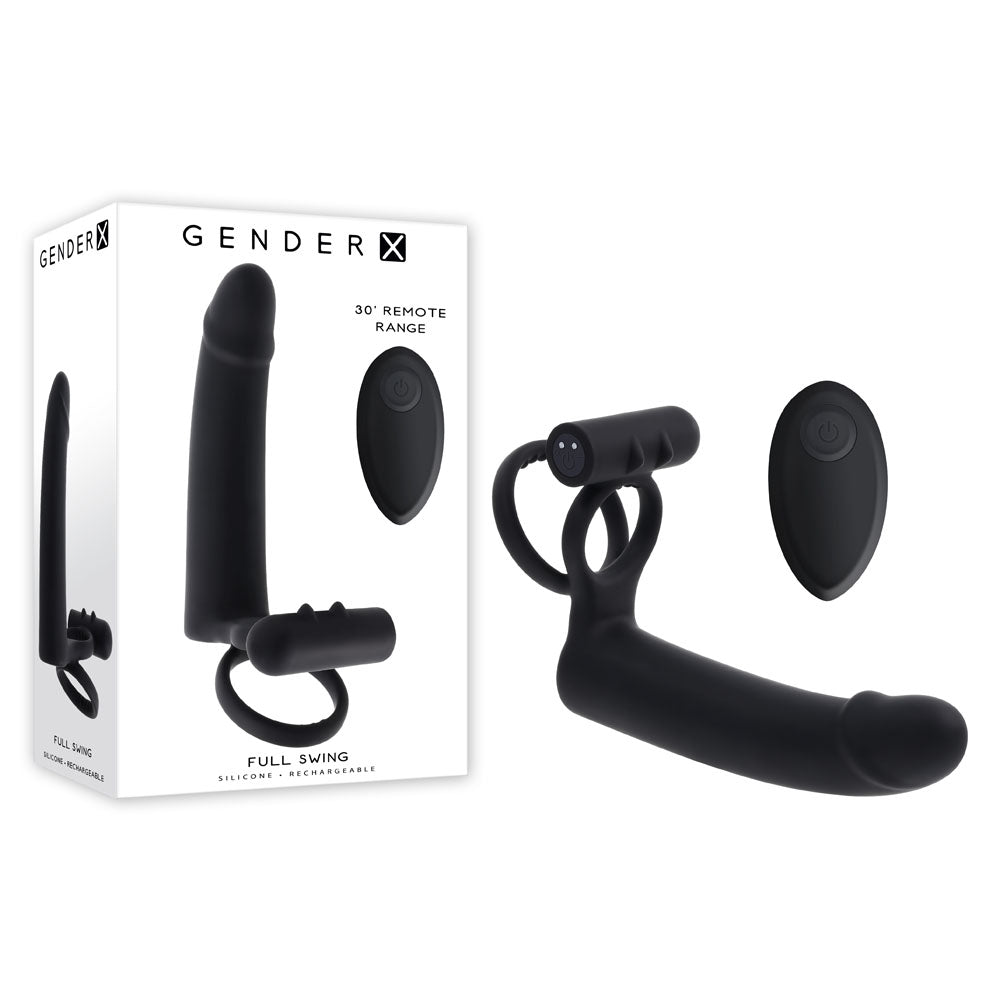 Gender X FULL SWING USB Rechargeable Vibrating Cock Ring With Double Penetrator Dildo Black Gender X Main image