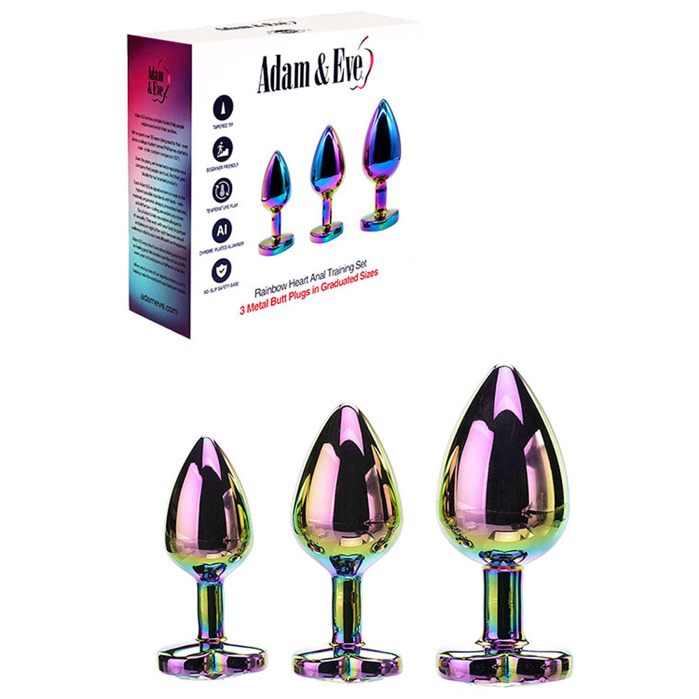 Adam & Eve RAINBOW HEART GEM ANAL TRAINING SET Multicoloured Metal Anal Plugs With Gem Bases Set Of 3 Sizes Adam & Eve Main image