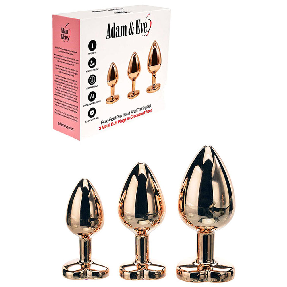 Adam & Eve ROSE GOLD HEART GEM ANAL TRAINING SET Metal Anal Plugs With Pink Gem Bases Set Of 3 Sizes Adam & Eve