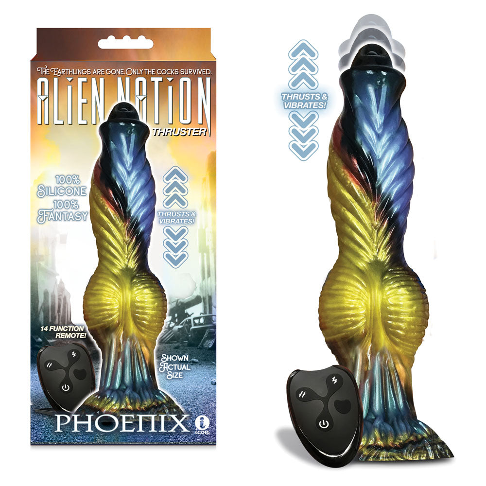 Icon Brands Alien Nation Phoenix USB Rechargeable Thrusting Fantasy Dong With Remote 25.4cm Gold / Blue & Black Icon Brands Main image