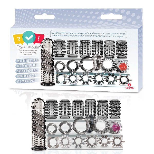 Icon Brands Try Curious Cock Ring & Sleeve Set 15 Piece Set Clear Icon Brands