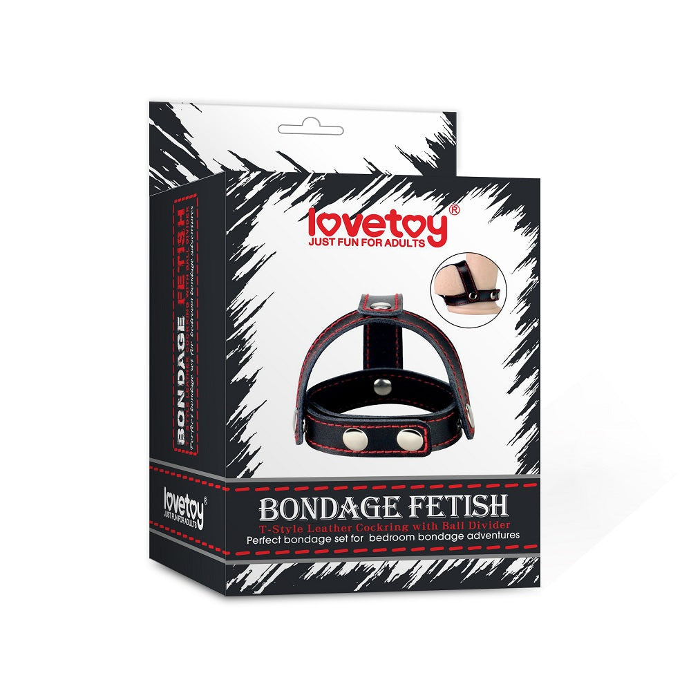 Lovetoy Bondage Fetish T Style Leather Cock Ring With Ball Divider Cock Ring Black Lovetoy