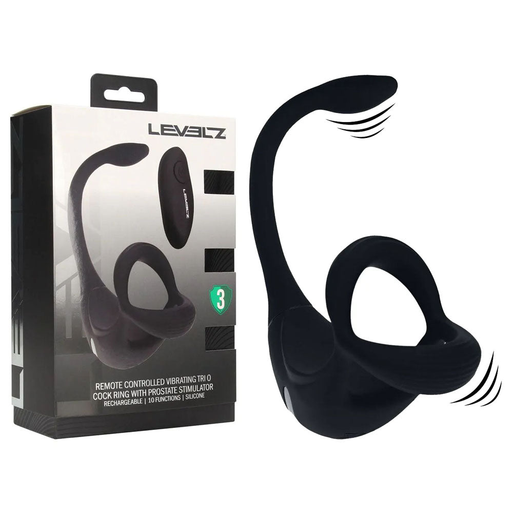 Shots Toys LEVELZ Remote Controlled Vibrating TriO Cock Ring With Prostate Stimulator Black Shots Toys Main image