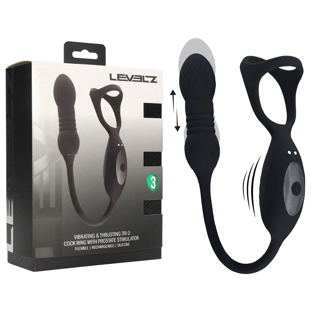 Shots Toys LEVELZ Vibrating & Thrusting TriO Cock Ring With Prostate Stimulator Black Shots Toys Main image