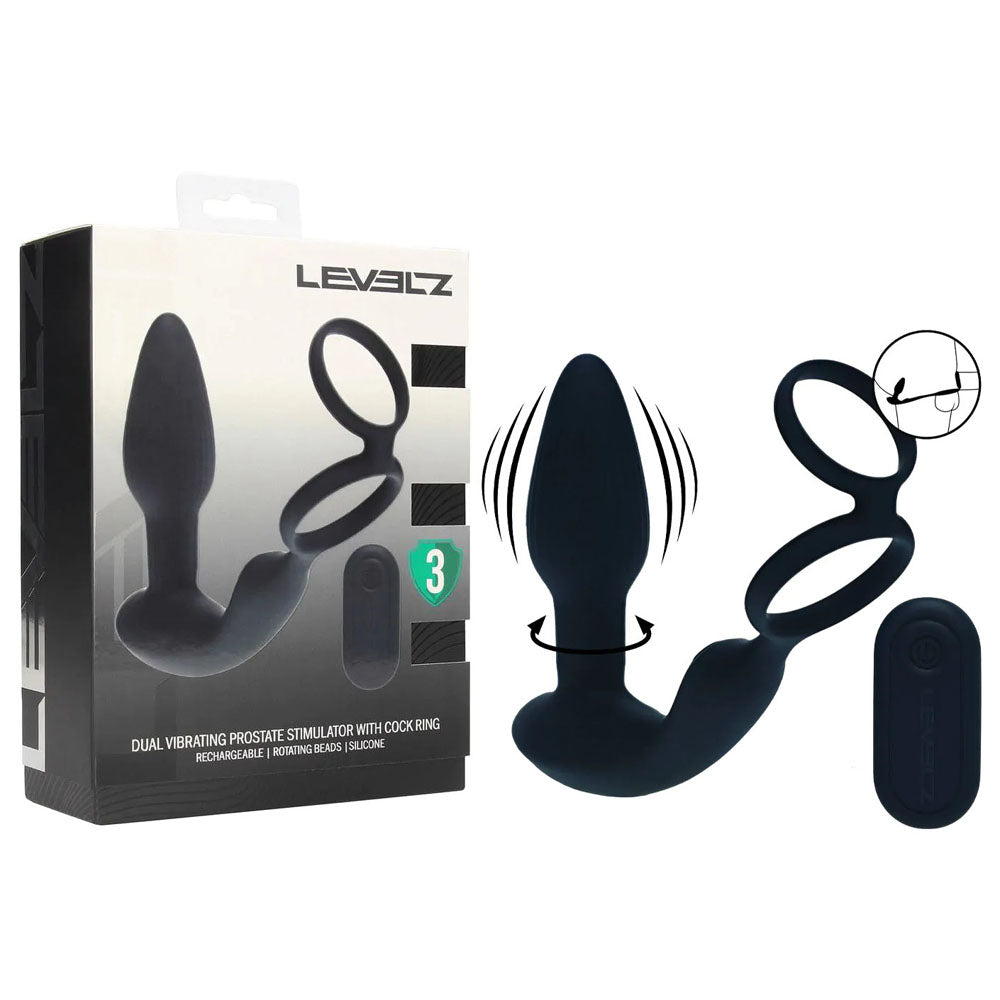 Shots Toys LEVELZ Dual Vibrating Prostate Stimulator With Cock Ring Black Shots Toys Main image