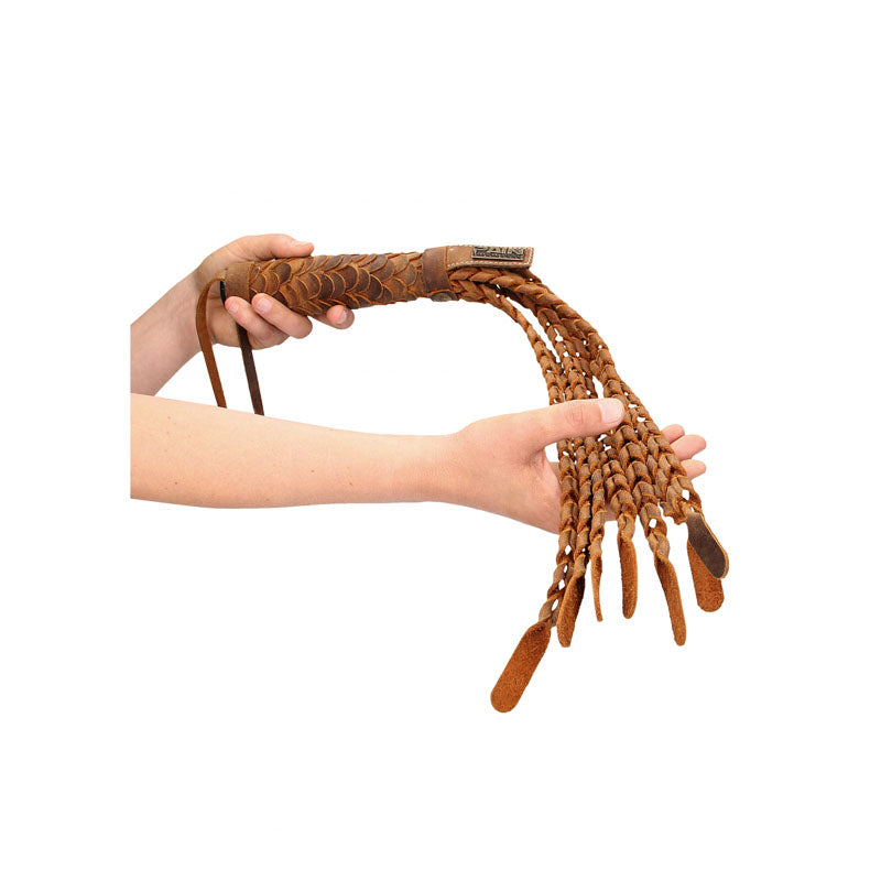 OUCH! Italian Leather 7 Braided Tails & 6 Handle 61 cm Whip 61cm Brown Shots Toys