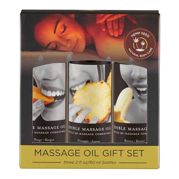 Earthly Body Edible Tropical Massage Oil Trio Mango Pineapple & Banana Flavoured 3 x 59ml Bottles Earthly Body Main image