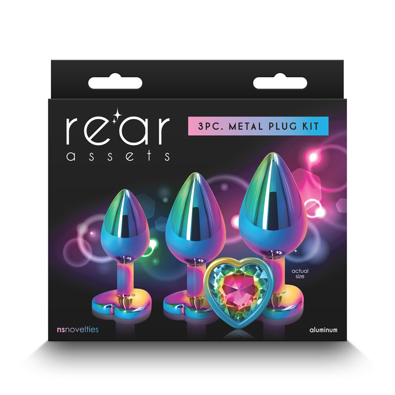 NS Novelties Rear Assets Trainer Kit Multi Coloured Metallic Butt Plugs With Rainbow Hearts Set Of 3 Sizes NS Novelties Main image