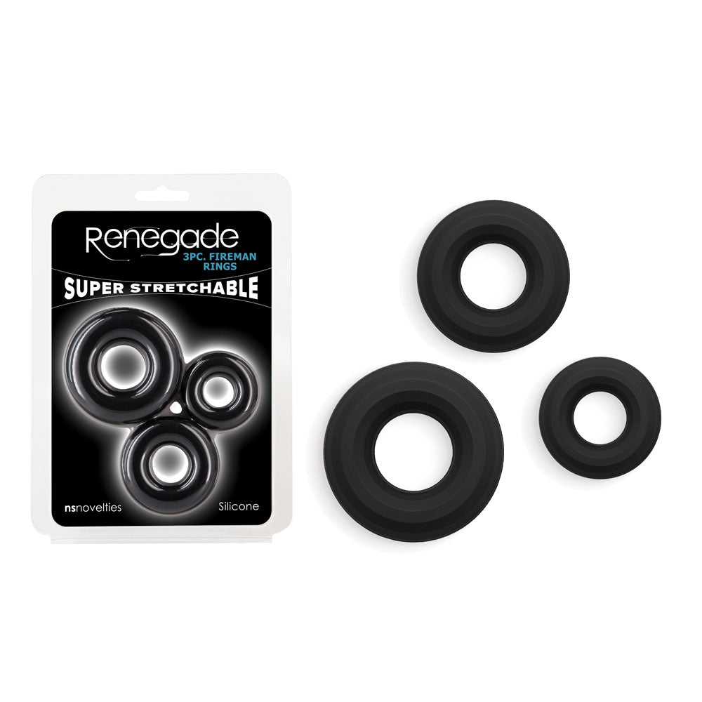 NS Novelties Renegade Fireman Cock Rings Set of 3 Sizes Black NS Novelties