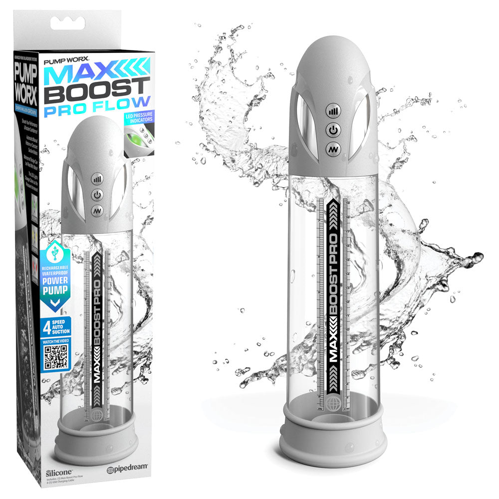 Pipedream Pump Worx Max Boost Pro Flow USB Rechargeable Waterproof Auto Penis Pump White / Clear Pipedream Main image