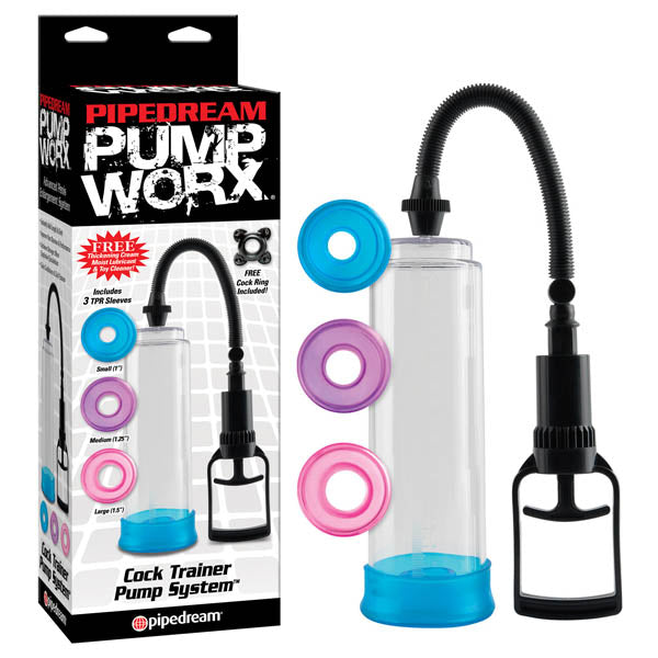 Pipedream Pump Worx Cock Trainer Pump System Penis Pump With 3 Sleeves Clear Pipedream