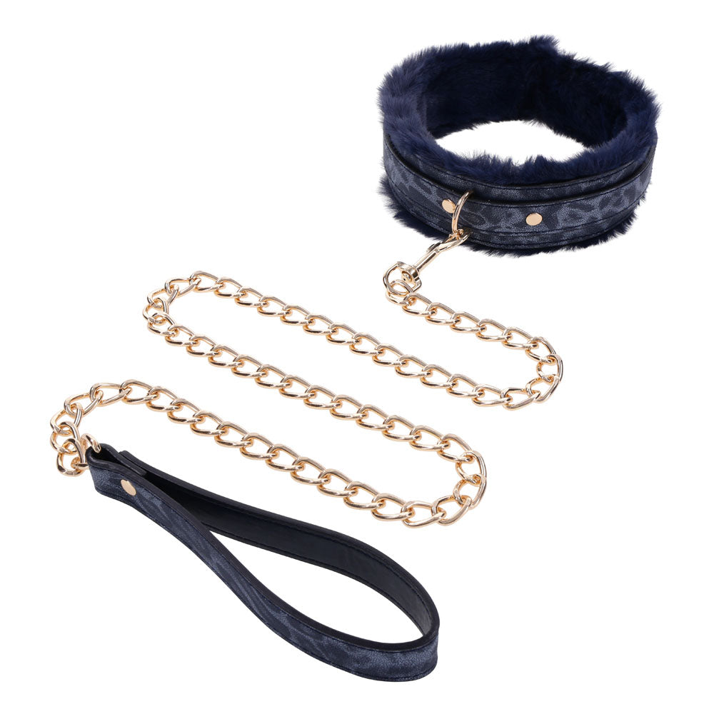 Sportsheets Sex & Mischief Cougar Fur Collar & Leash Furry Restraint Navy Blue / Gold Sportsheets Main image