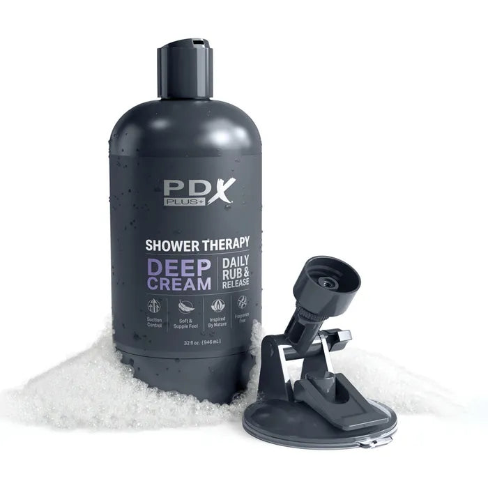 Pipedream PDX Plus Shower Therapy Deep Cream Frosted Discreet Stroker With Suction Base Clear Pipedream