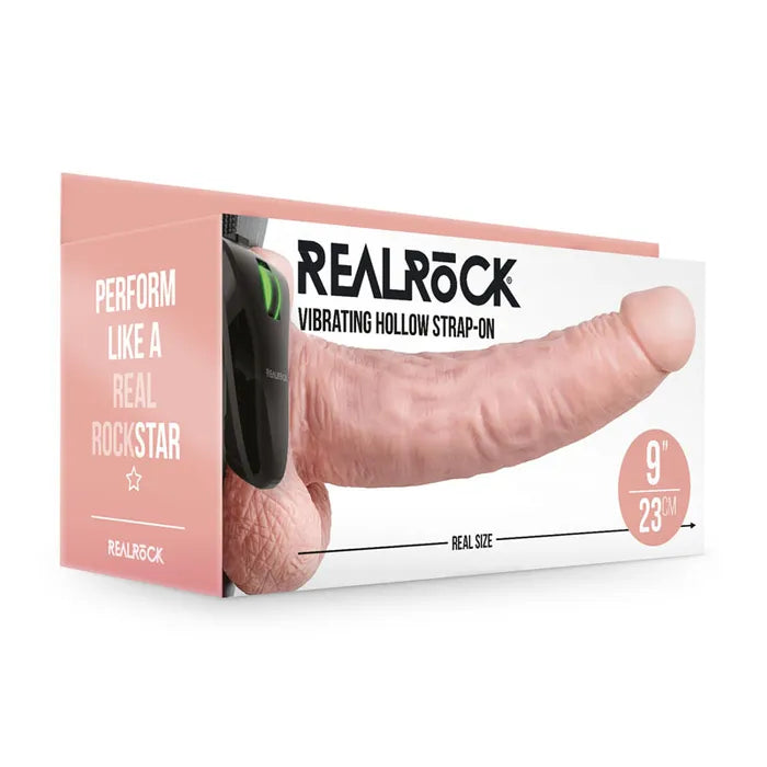 REALROCK Vibrating Hollow Strapon + Balls - 23cm Black - Black 23 cm Vibrating Hollow Strap-On Shots Toys
