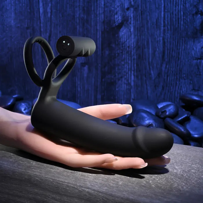 Gender X FULL SWING USB Rechargeable Vibrating Cock Ring With Double Penetrator Dildo Black Gender X
