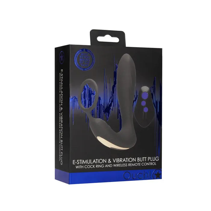 Shots Toys OUCH! USB Rechargeable Vibrating Butt Plug & Cock Ring with  E Stim Black Shots Toys