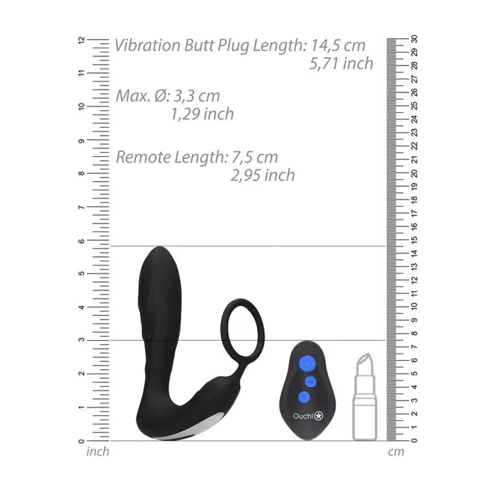 Shots Toys OUCH! USB Rechargeable Vibrating Butt Plug & Cock Ring with  E Stim Black Shots Toys
