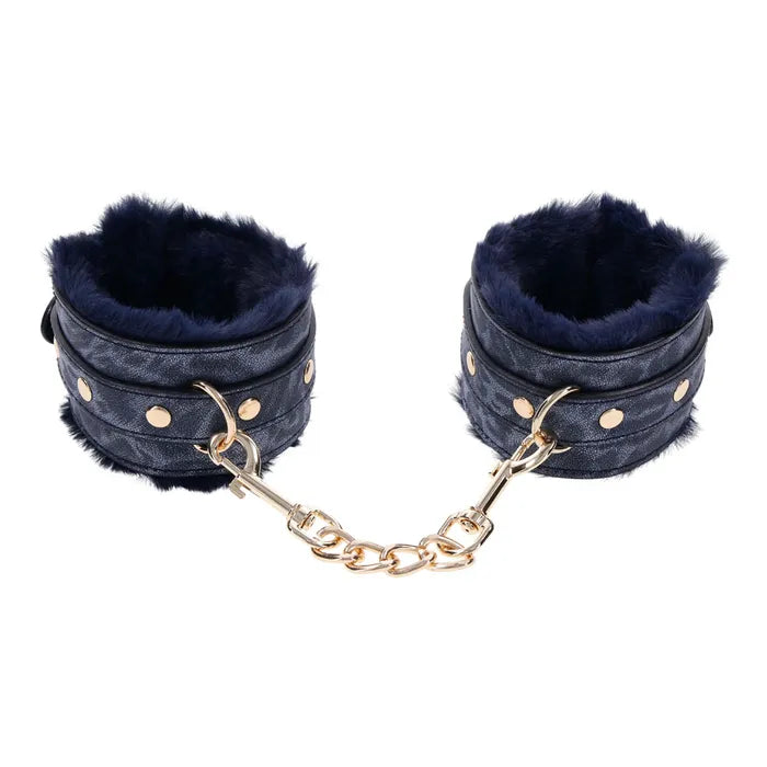 Sportsheets Sex & Mischief Cougar Fur Handcuffs Furry Restraints Navy Blue / Gold Sportsheets