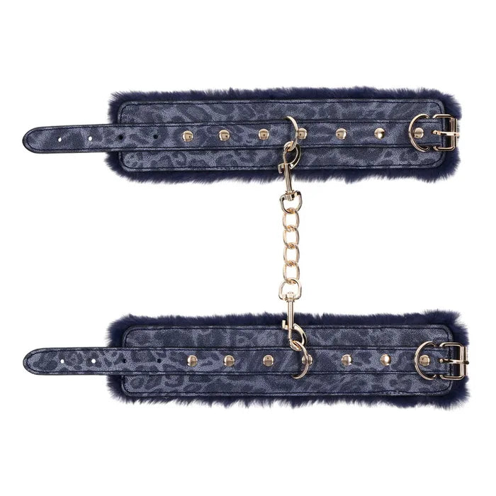 Sportsheets Sex & Mischief Cougar Fur Handcuffs Furry Restraints Navy Blue / Gold Sportsheets