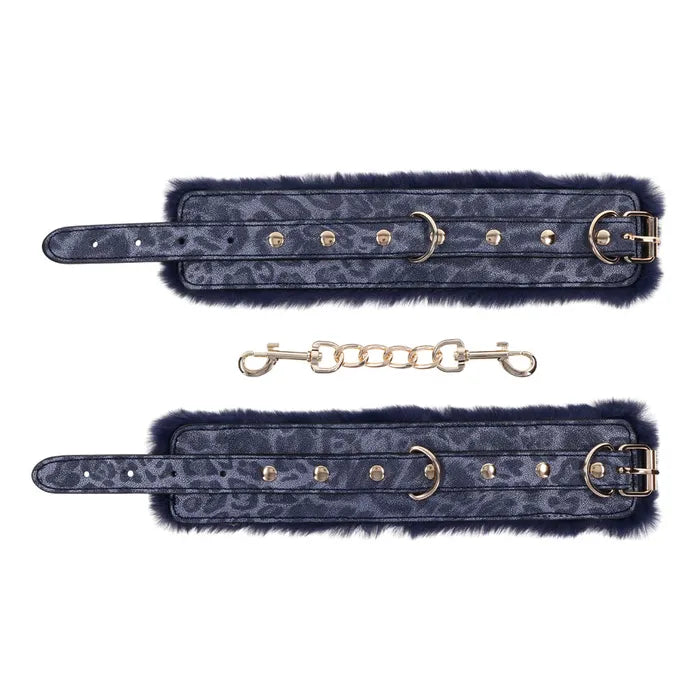 Sportsheets Sex & Mischief Cougar Fur Handcuffs Furry Restraints Navy Blue / Gold Sportsheets