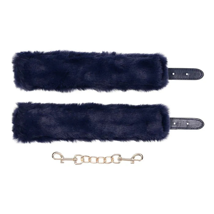 Sportsheets Sex & Mischief Cougar Fur Handcuffs Furry Restraints Navy Blue / Gold Sportsheets