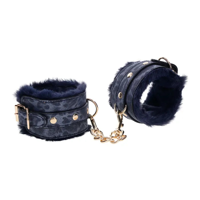 Sportsheets Sex & Mischief Cougar Fur Handcuffs Furry Restraints Navy Blue / Gold Sportsheets