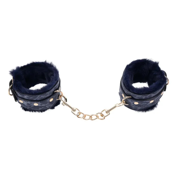 Sportsheets Sex & Mischief Cougar Fur Handcuffs Furry Restraints Navy Blue / Gold Sportsheets