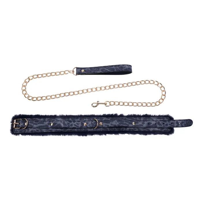 Sportsheets Sex & Mischief Cougar Fur Collar & Leash Furry Restraint Navy Blue / Gold Sportsheets