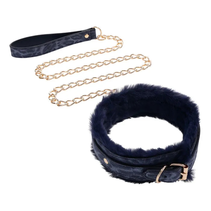 Sportsheets Sex & Mischief Cougar Fur Collar & Leash Furry Restraint Navy Blue / Gold Sportsheets