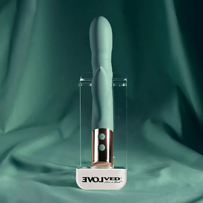 Evolved THE SHIMMY USB Rechargeable Thrusting Rabbit Vibrator Green Evolved